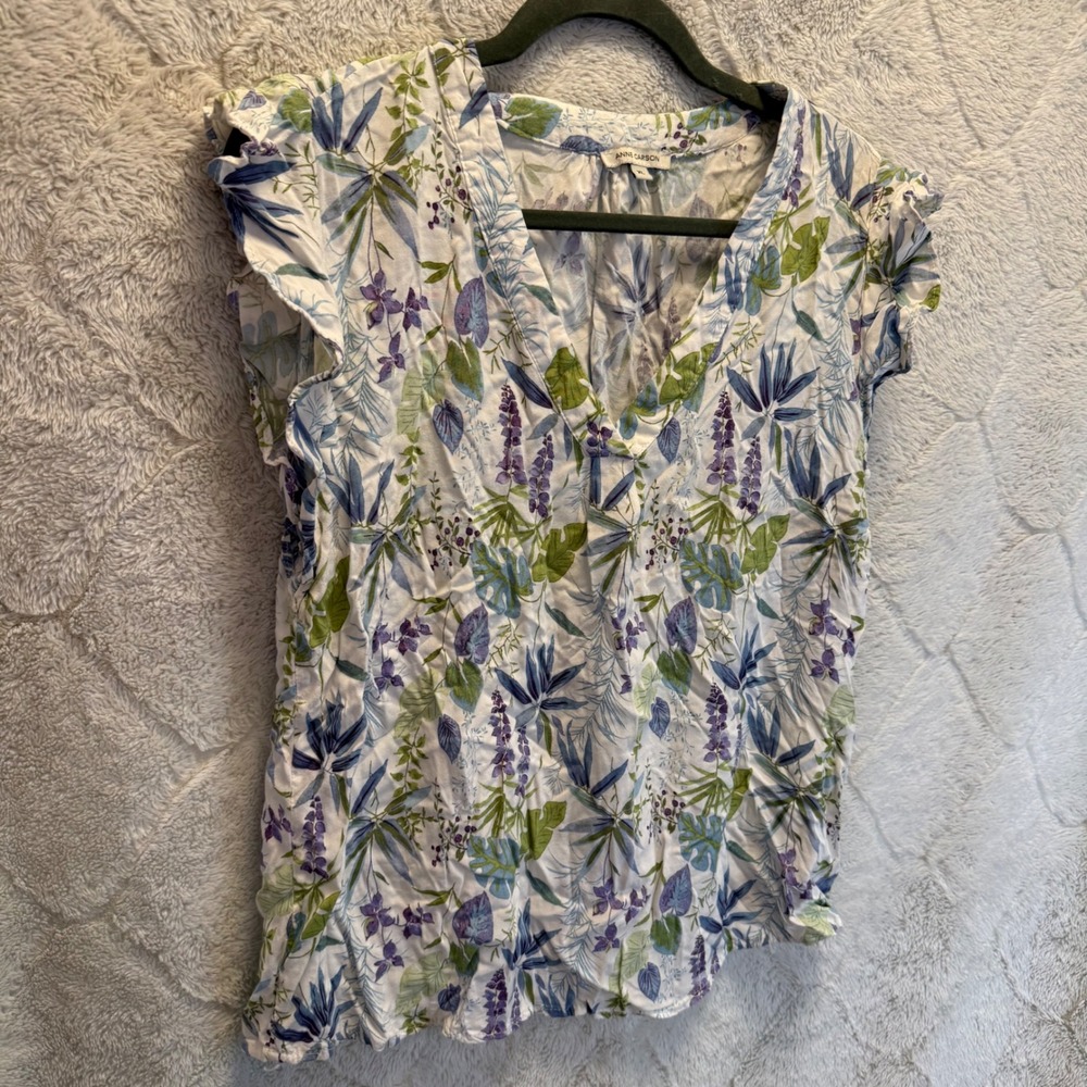 Anne Carson XL 100% Rayon Botanical Floral Flutter Sleeve V Neck Blouse Top